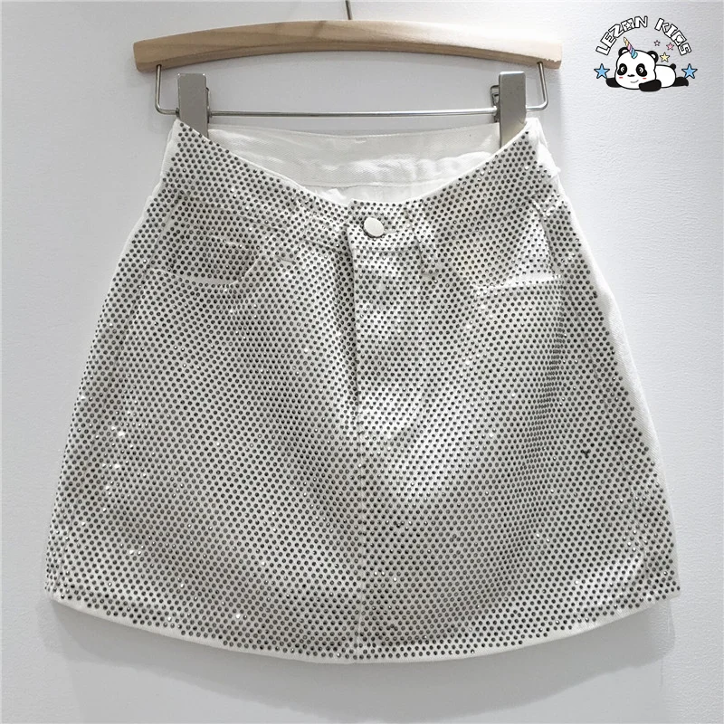 LEZONKIDS - Custom Denim Hot Drilling Skirt Kids Girl Casual Summer Fashion Girls Skirts with Lining